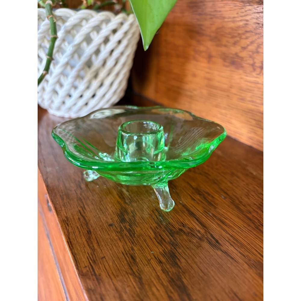 Vintage Uranium Glass Candlestick Holder Green Depression Tripod Footed Ruffled